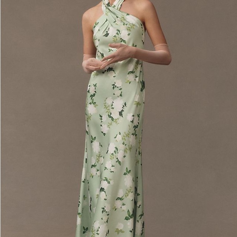 Anthropologie Light Green Floral Halter Maxi Dress